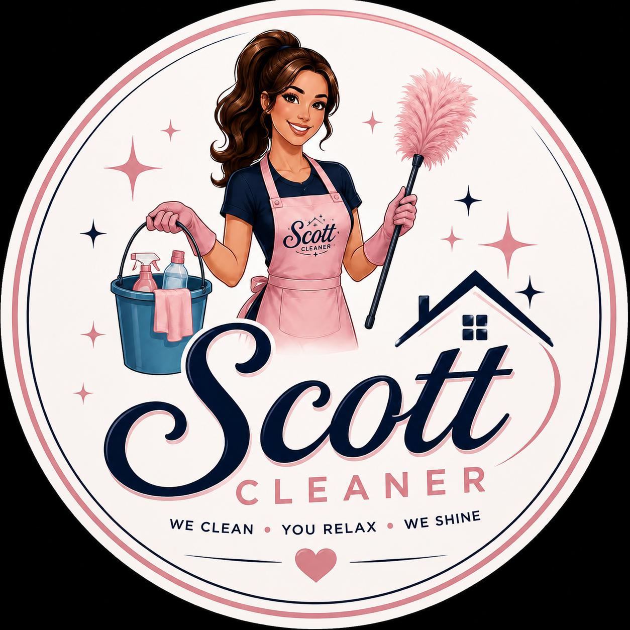 Scott Cleaner mascot holding a duster and cleaning bucket